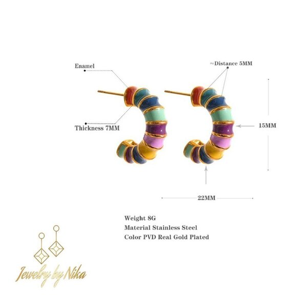 NEW 14K Yellow Gold Multicolor Enameluxe Boho Unique Hoop Luxury Stud Earrings - Picture 13 of 15